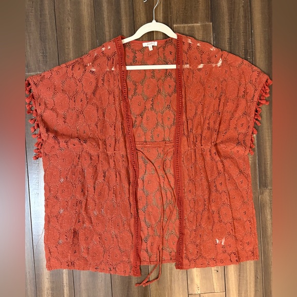 peach Sweaters - Sz M Rust Orange Lace Kimono Shawl Cardigan Poncho Tassels Poms Front Tie